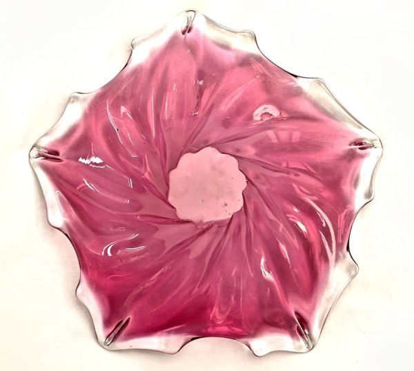 Hand Made Fluted Cranberry Art Glass Bowl circa 1960s